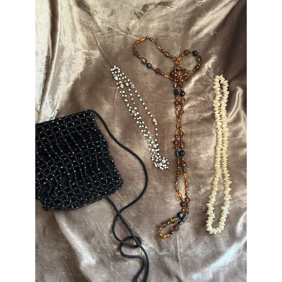 Black Beaded Drawstring Evening Bag Prom Formal 20s Flapper Accessory Purse READ - Picture 9 of 16